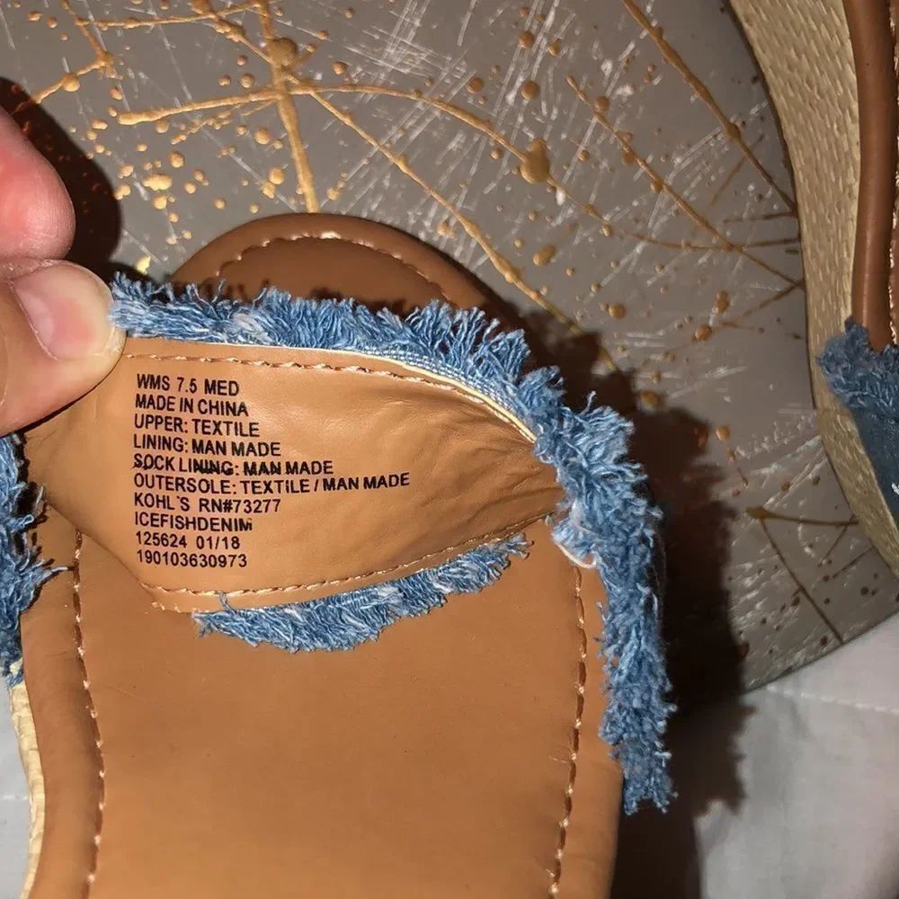 So 7.5 Ice Fish Embroidered Denim Wedge Sandals - Picture 10 of 12